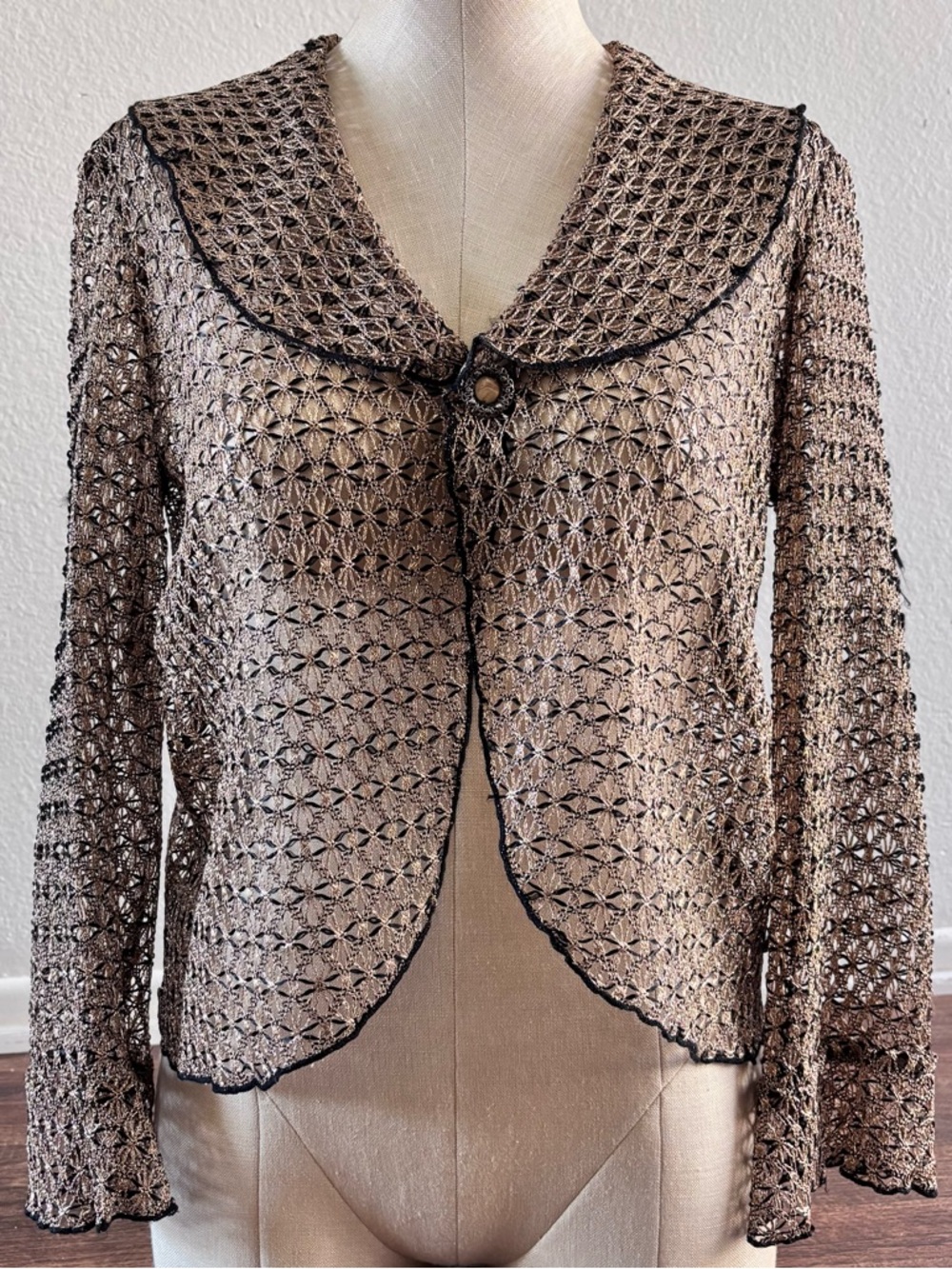 Vintage Cynthia Max Open Front Knit Cardigan  Gold Metallic Boho Whimsy Small S